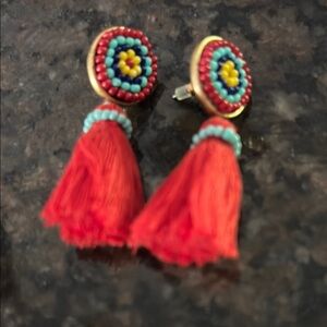 J. Crew Red Tassel Earrings with Blue Accents